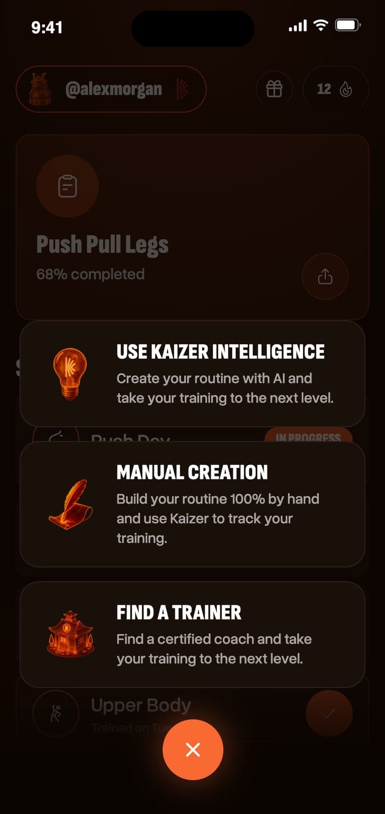 Menu to build the routine with AI, by hand or by finding a trainer