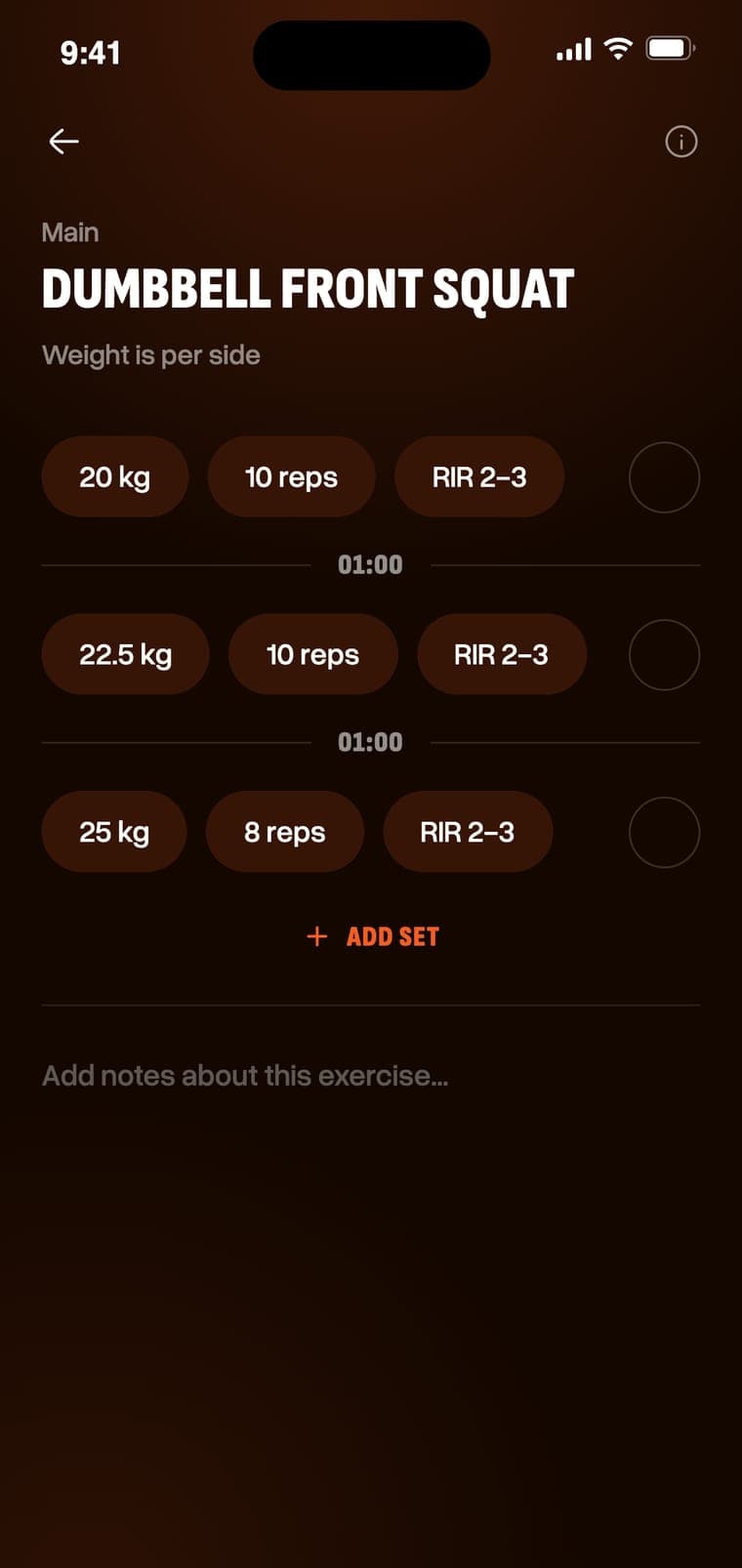 Workout screen with sets, weight and RIR