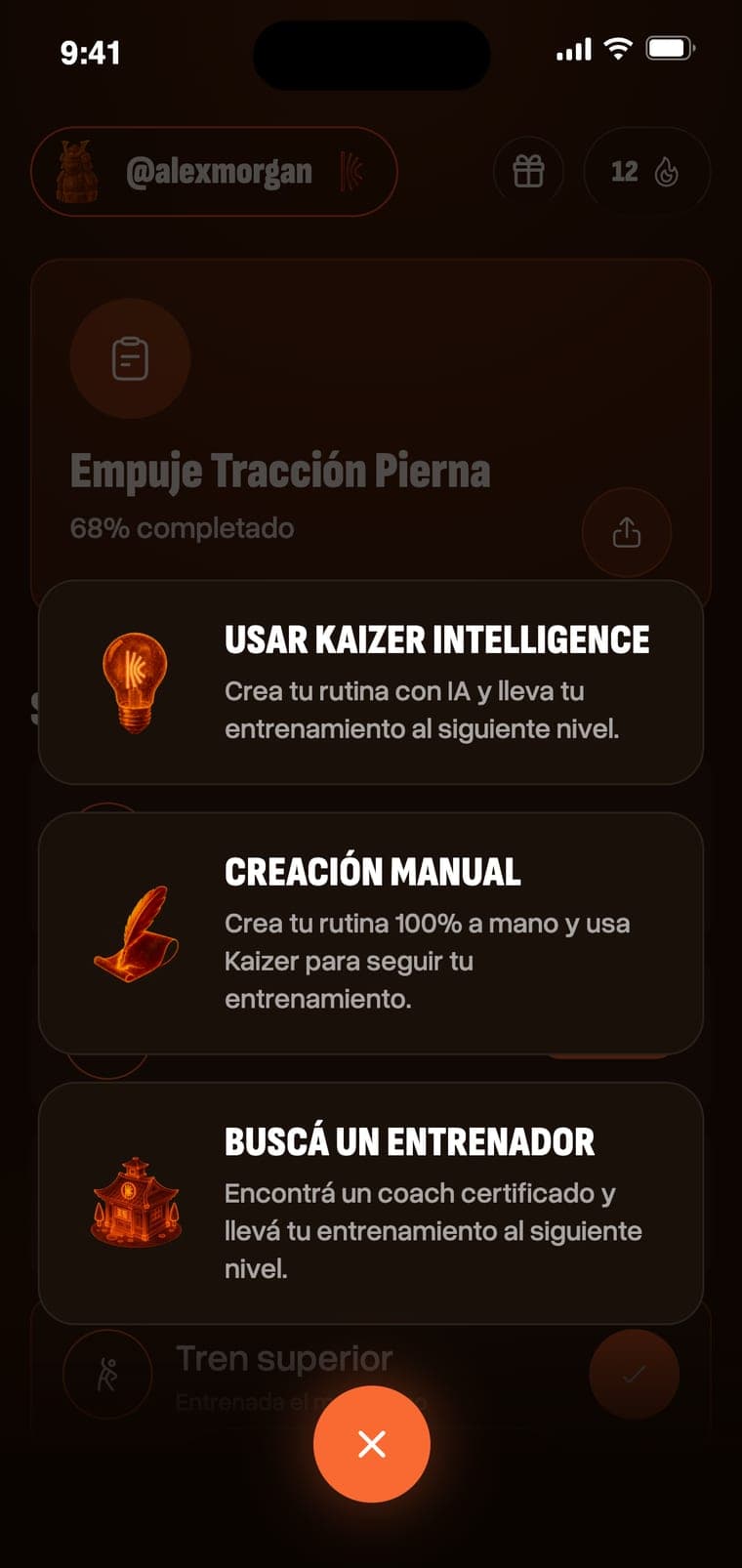 Menú para crear la rutina con IA, a mano o buscando entrenador