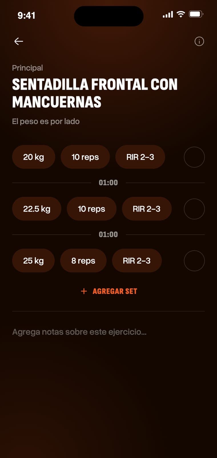 Pantalla de entrenamiento con series, kilos y RIR