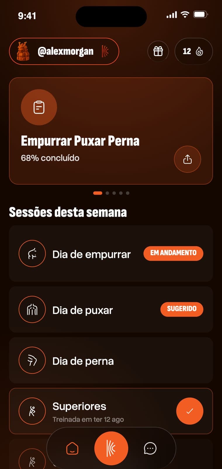 Início com o plano e as sessões da semana
