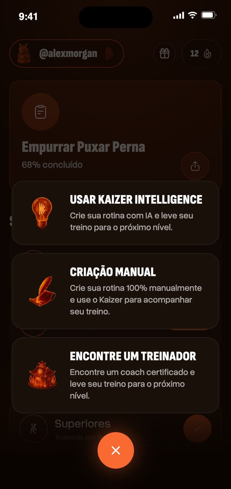 Menu para criar a rotina com IA, à mão ou buscando um personal