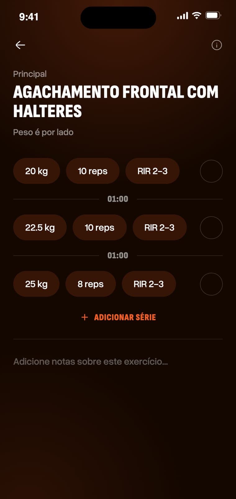 Tela de treino com séries, carga e RIR