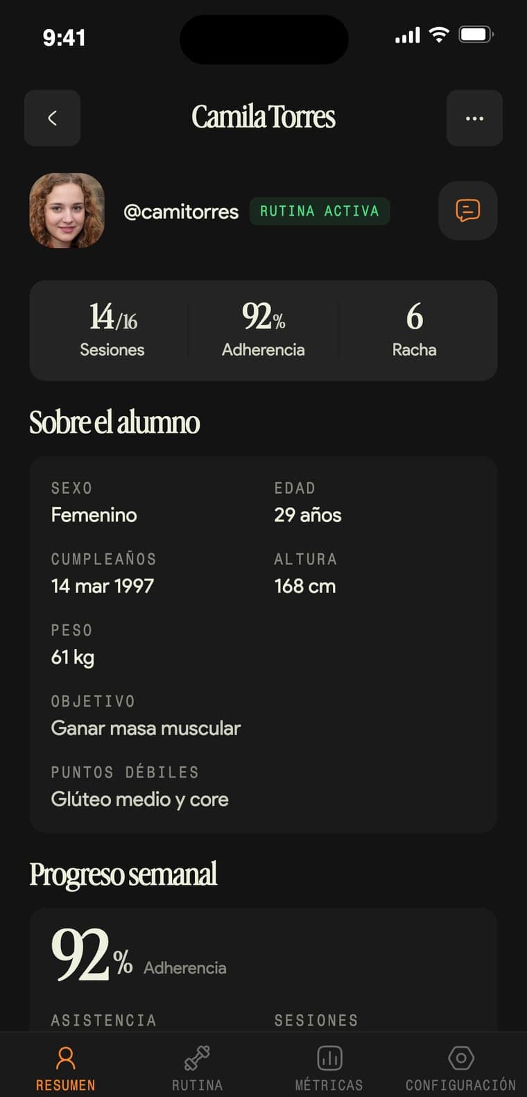 Ficha de un alumno con su progreso semanal