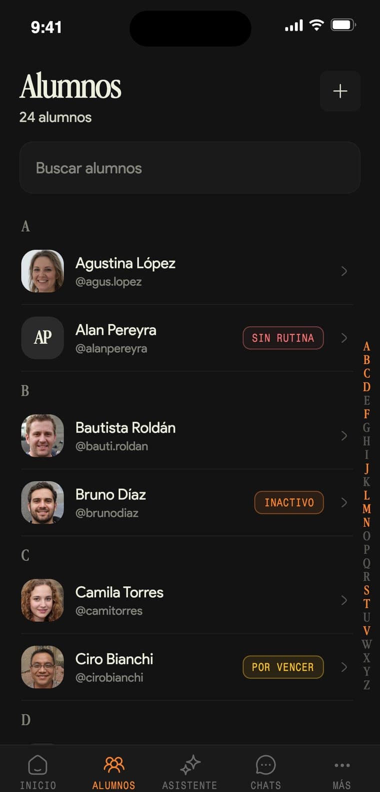 Lista de alumnos con su estado
