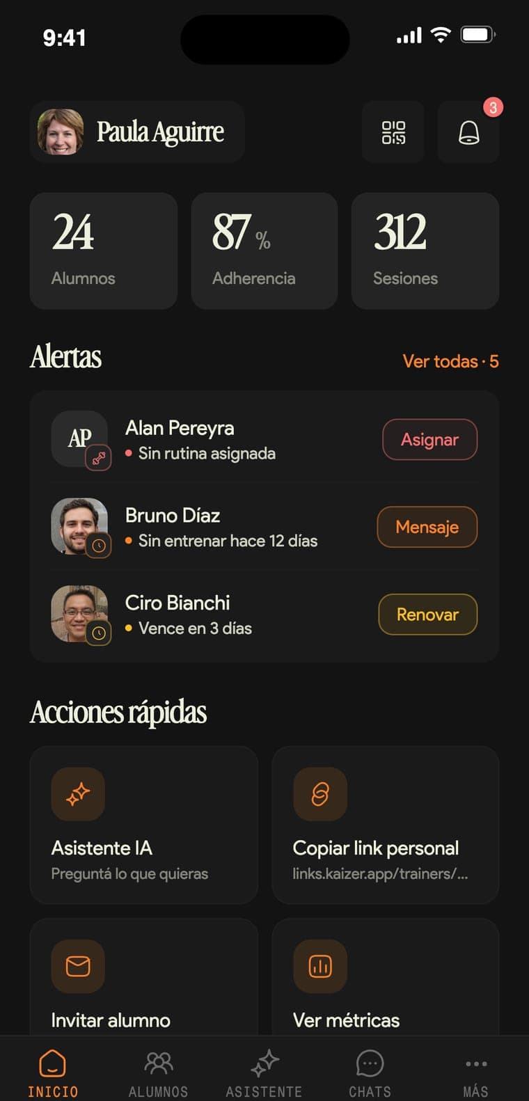 Inicio con alumnos, adherencia y alertas