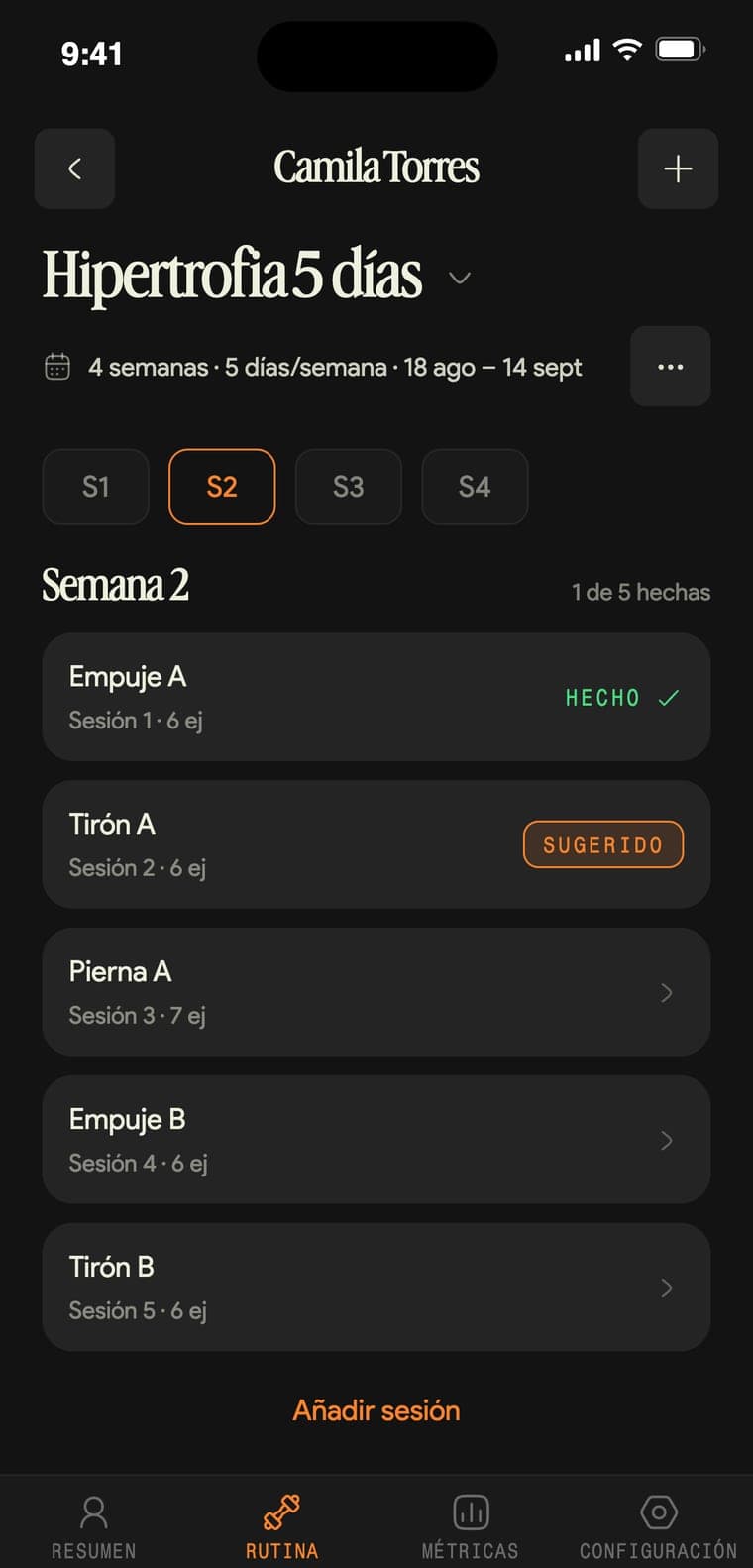 Una planificación con sus semanas y sesiones