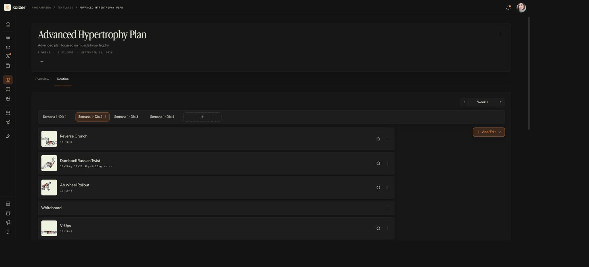 Dashboard real de Kaizer con una planificación, selector de semanas y ejercicios con series y cargas
