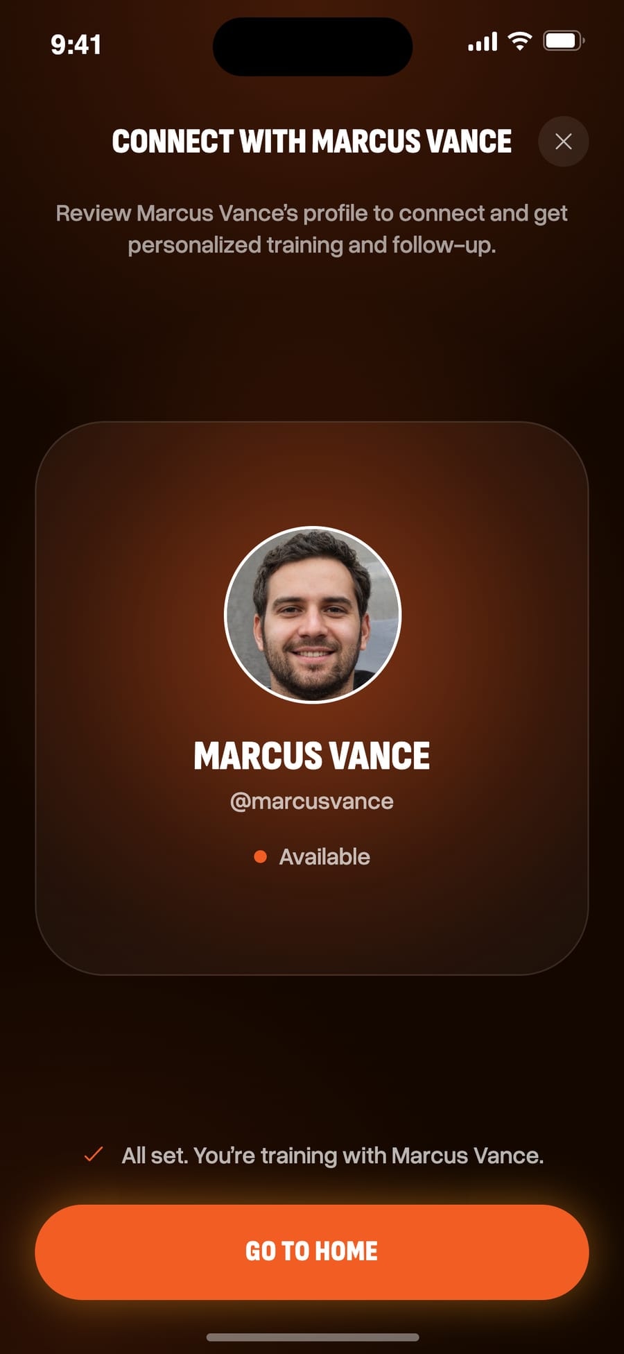 The client app showing the screen to link up with their trainer