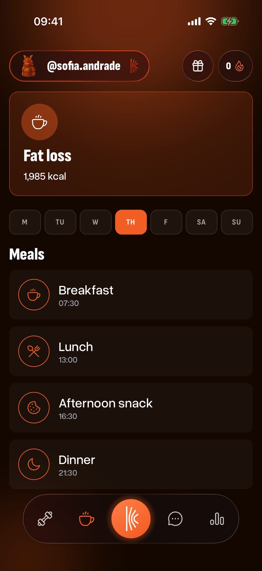 The Nutrition tab in the client app, with the week's plan and Thursday's meals