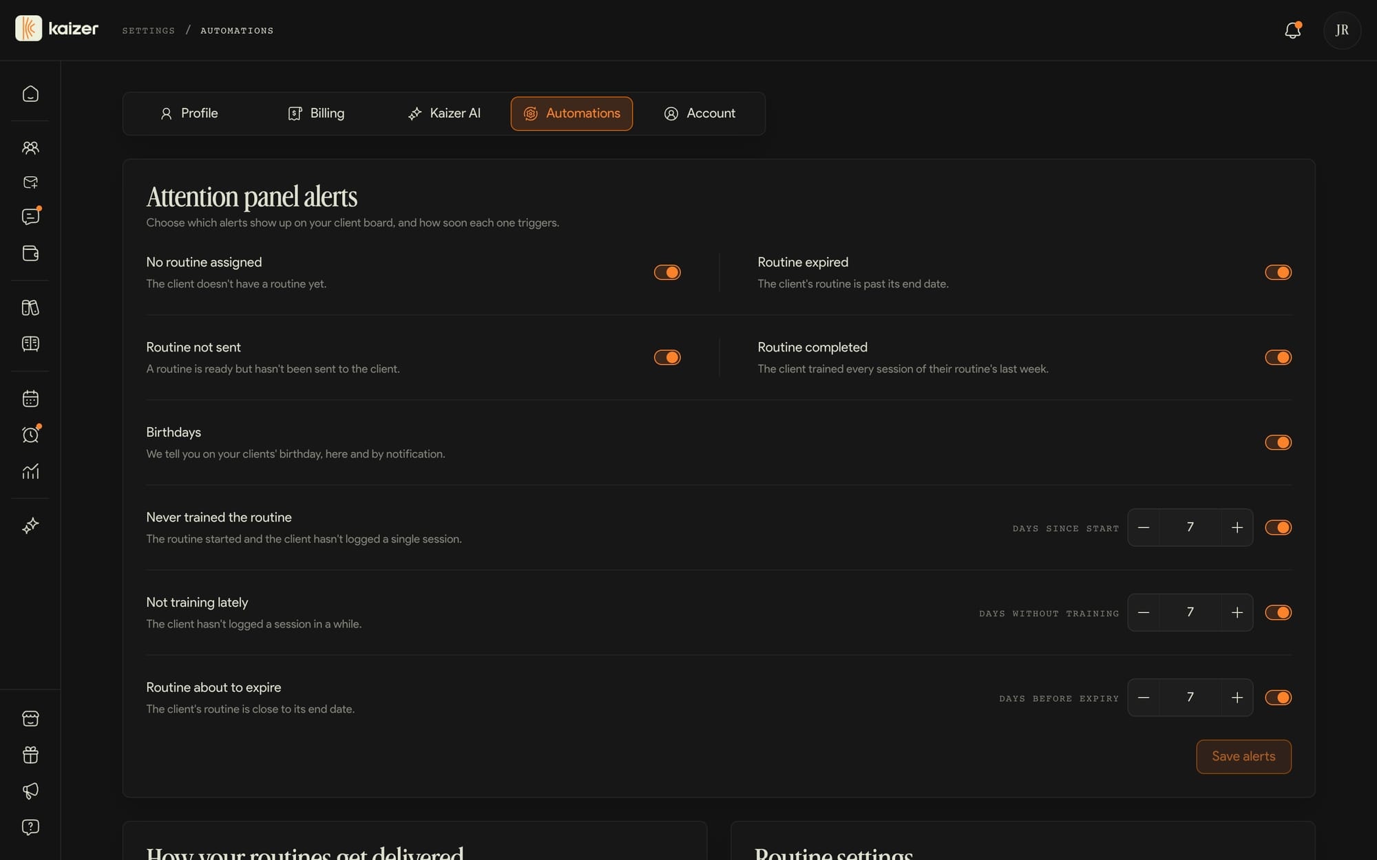 The Automations settings, with the alerts and routine delivery