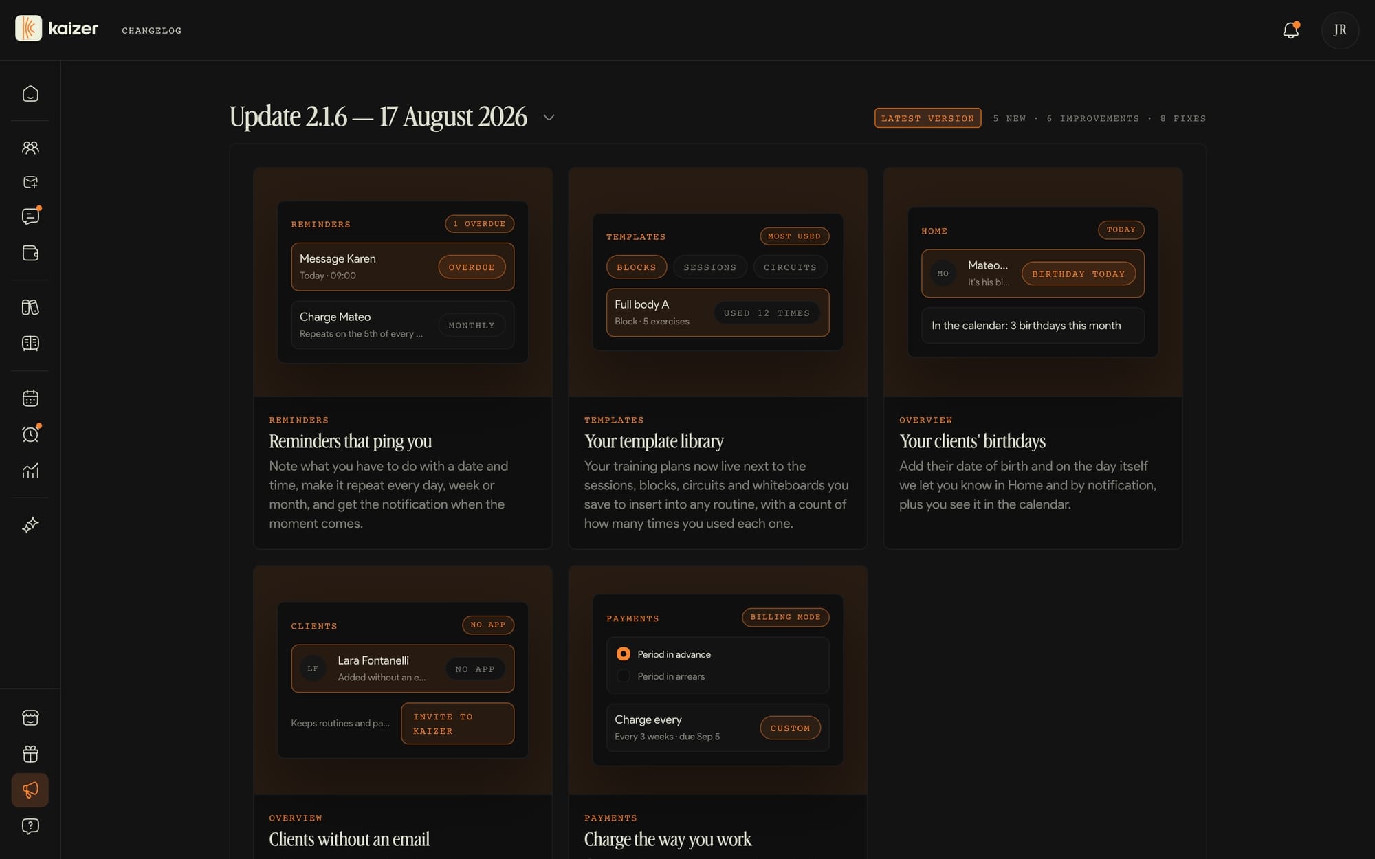 The dashboard's Changelog screen, with the changes in the latest release