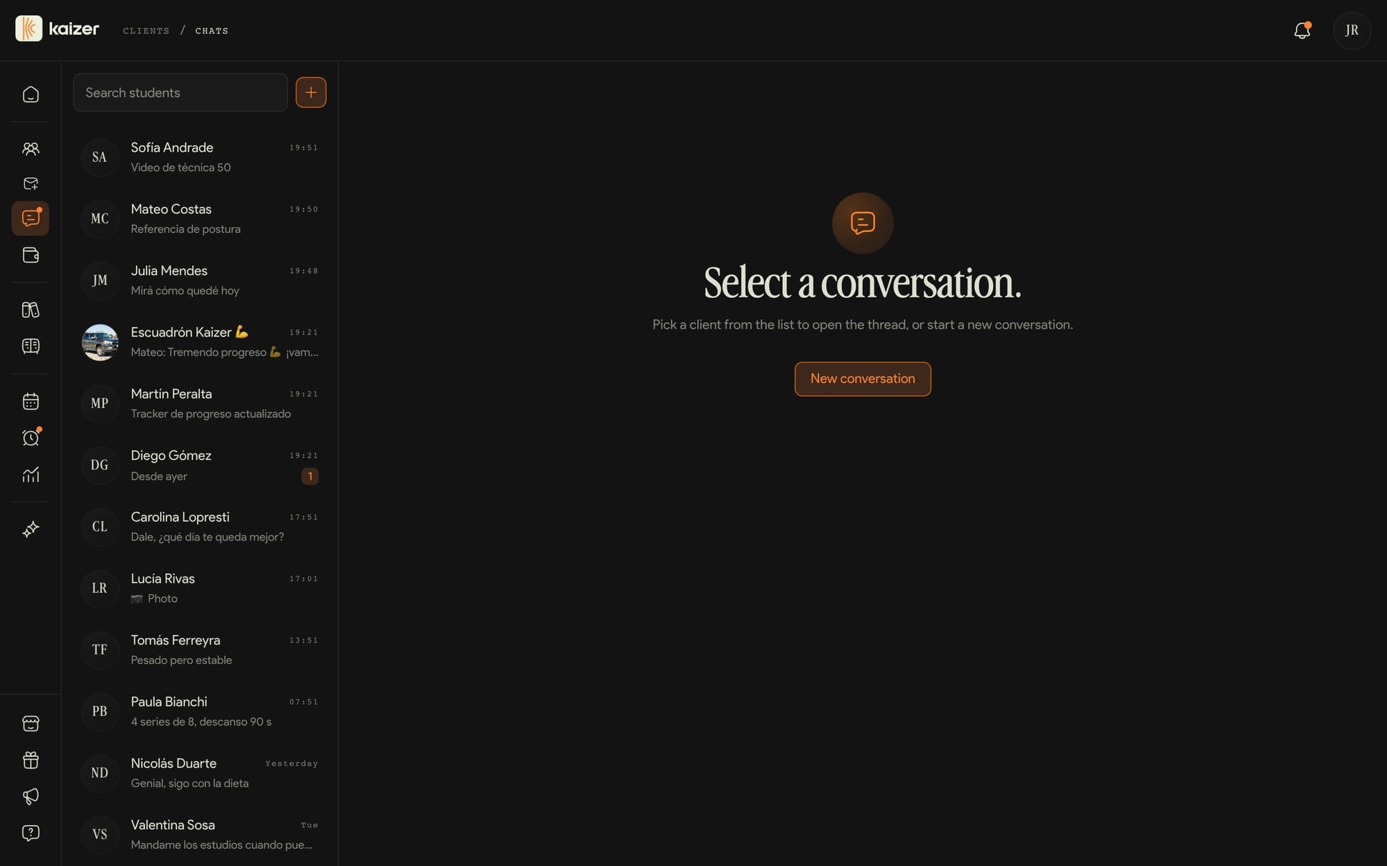 The dashboard chat, with the conversation list and one conversation open