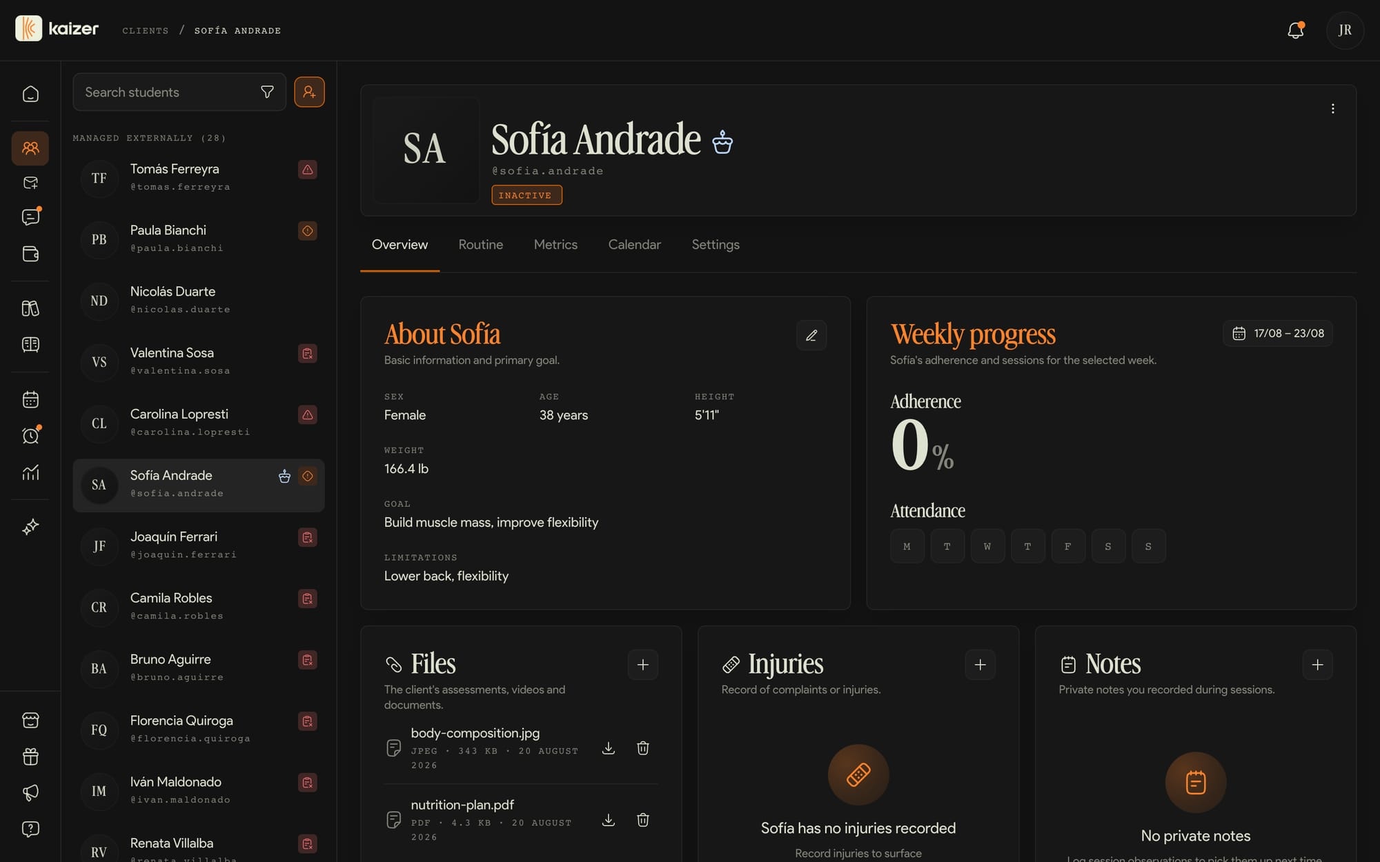 A client profile open on the Overview tab, with their progress for the week
