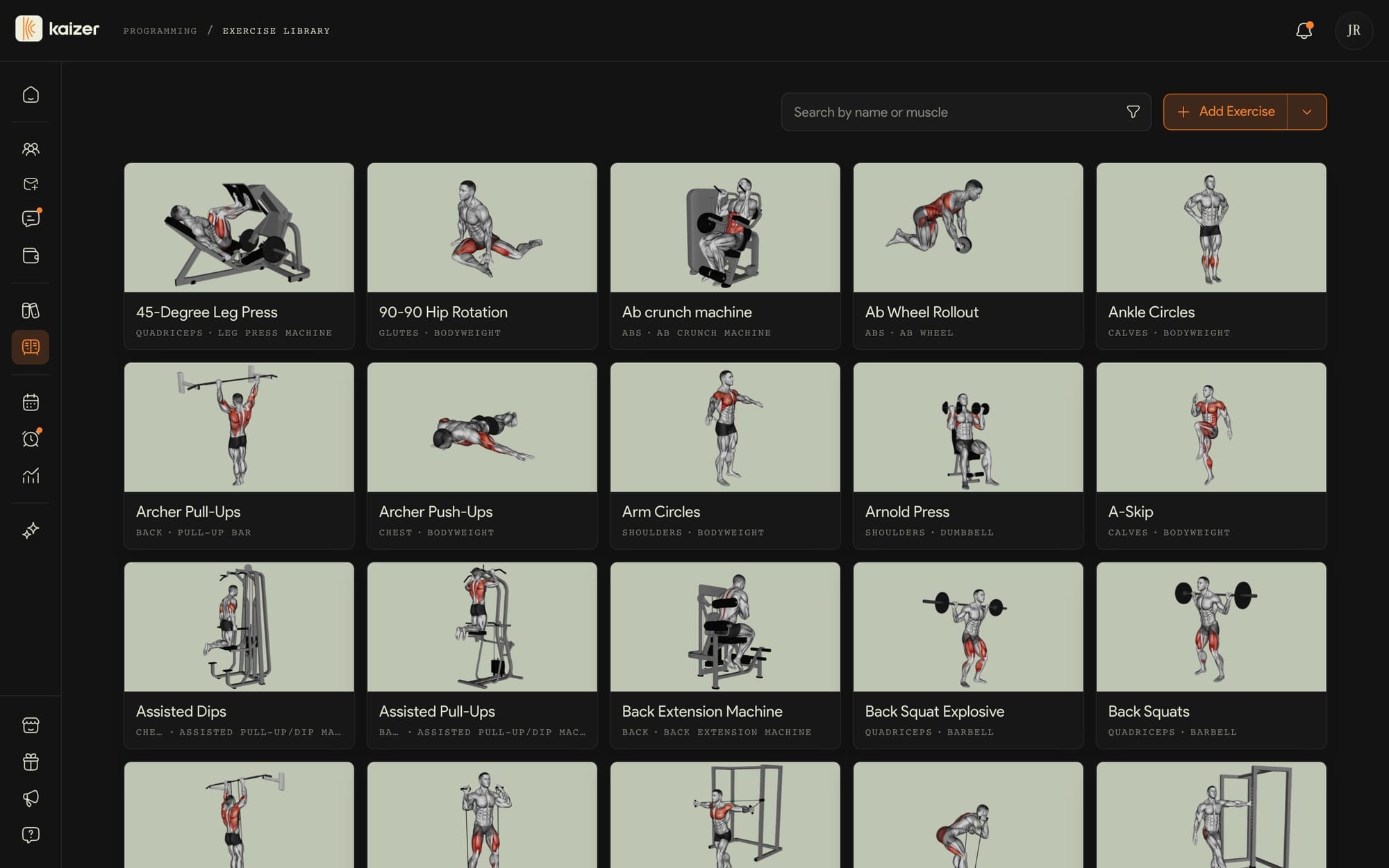 Kaizer's exercise library, with filters by muscle and equipment