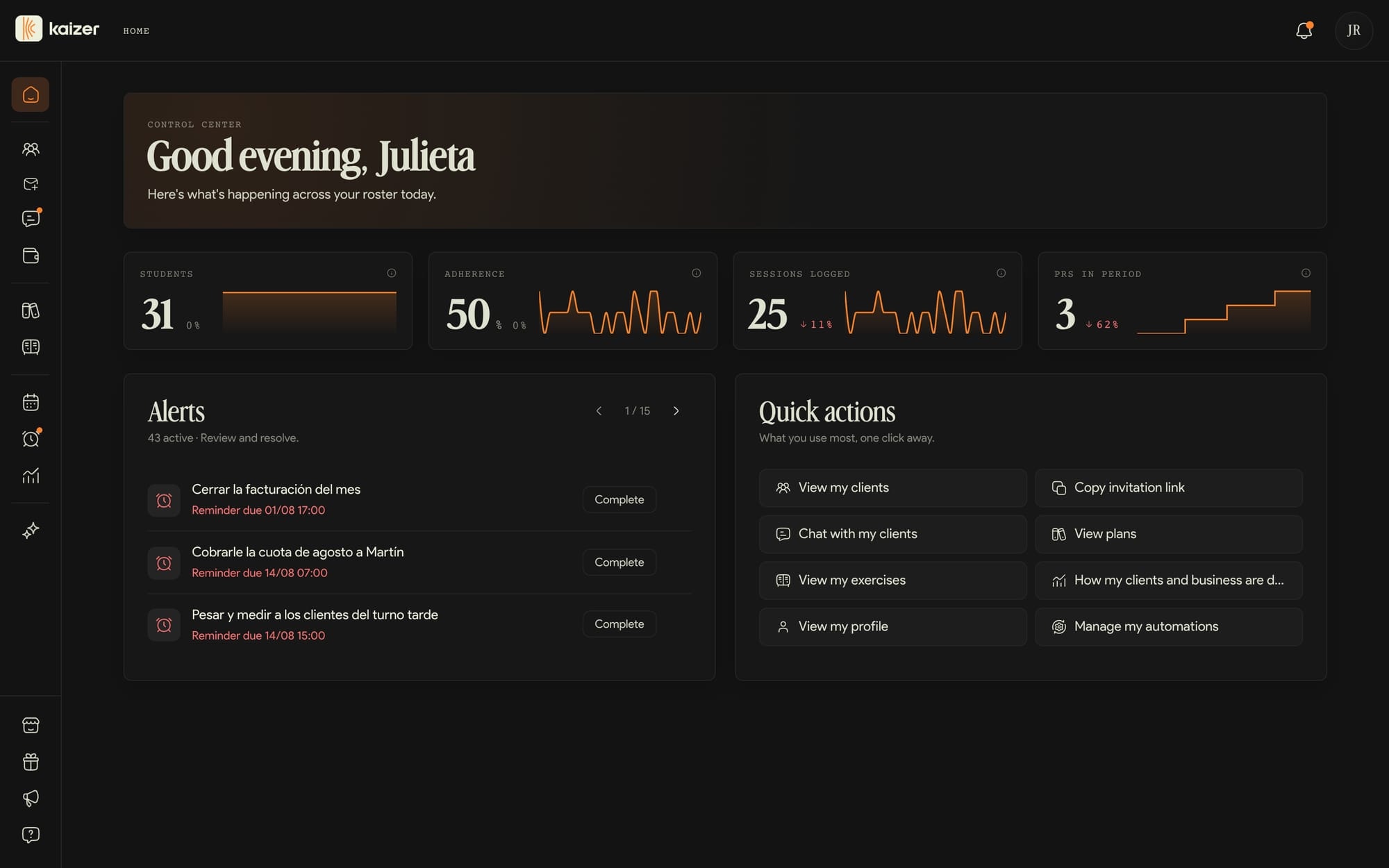 Kaizer dashboard home screen with indicators, alerts and quick actions
