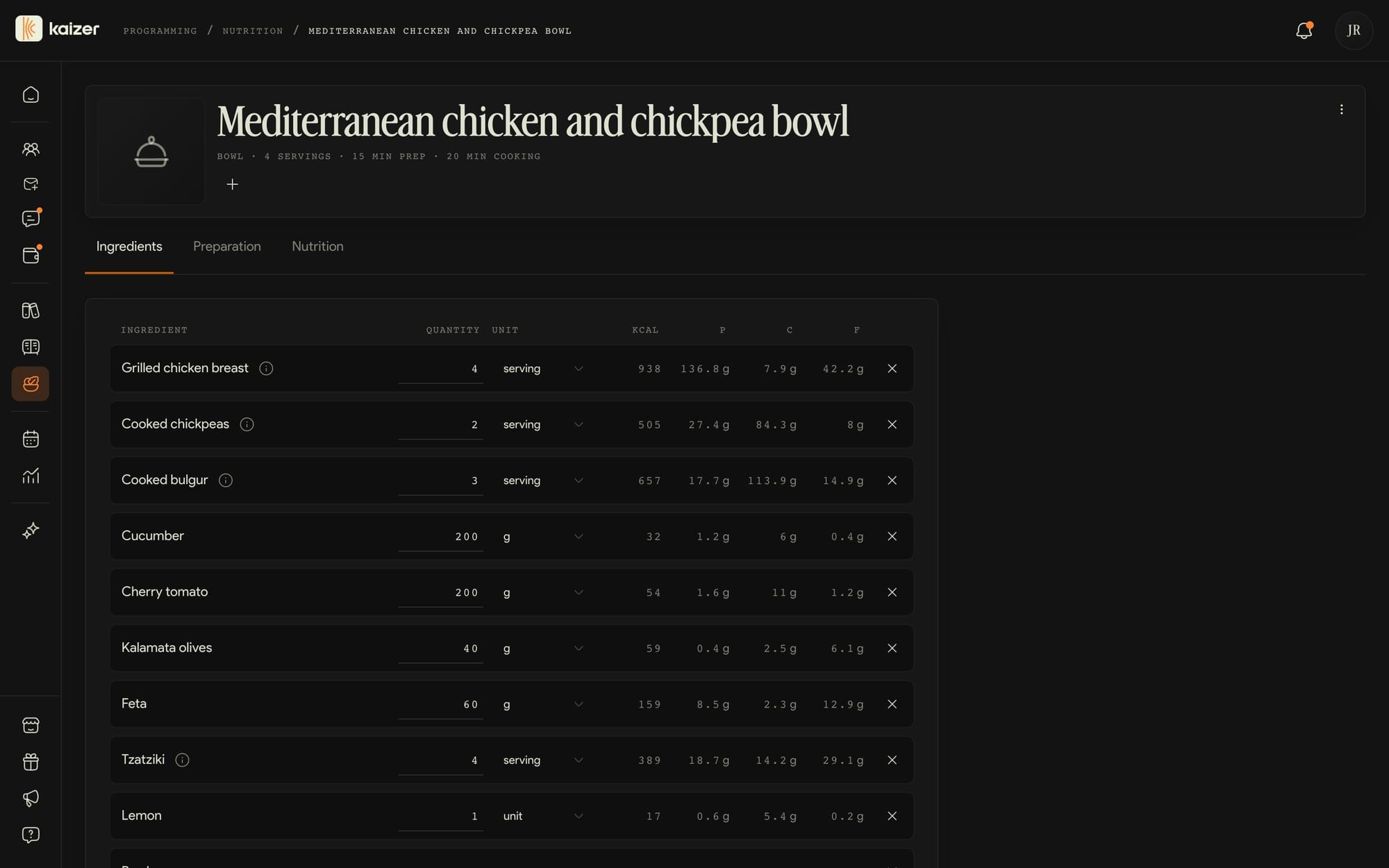 The recipe editor, with its ingredients, the quantities and what each one contributes