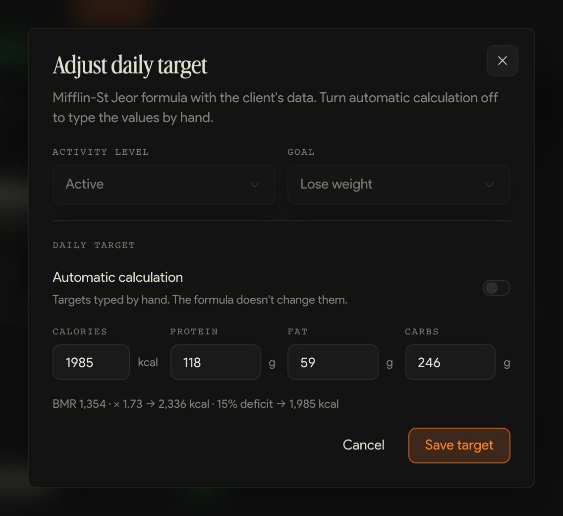 The Adjust daily target dialog with automatic calculation off and the four values to type by hand