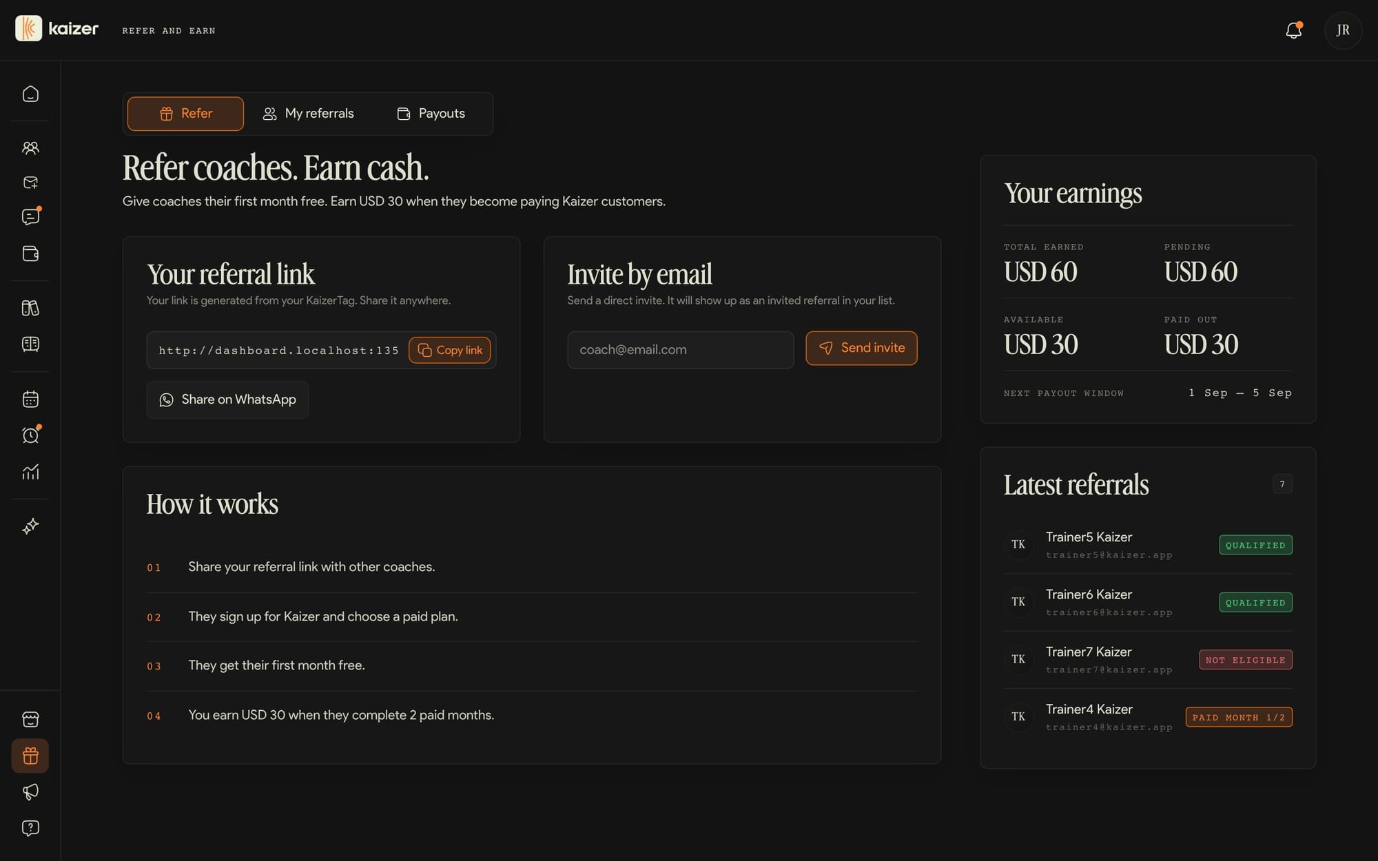 The Refer and earn screen, with your personal link and the status of each referral