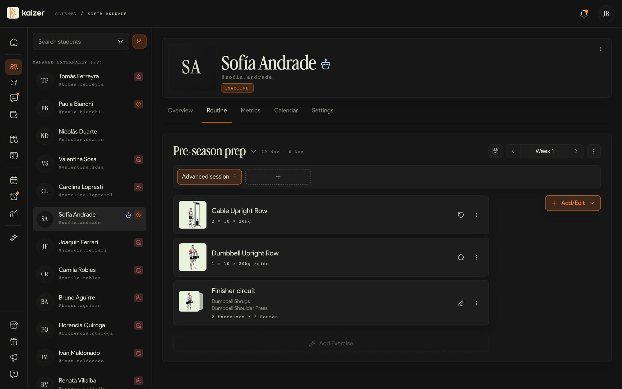The routine editor, with the weeks, the training days and the session's exercises