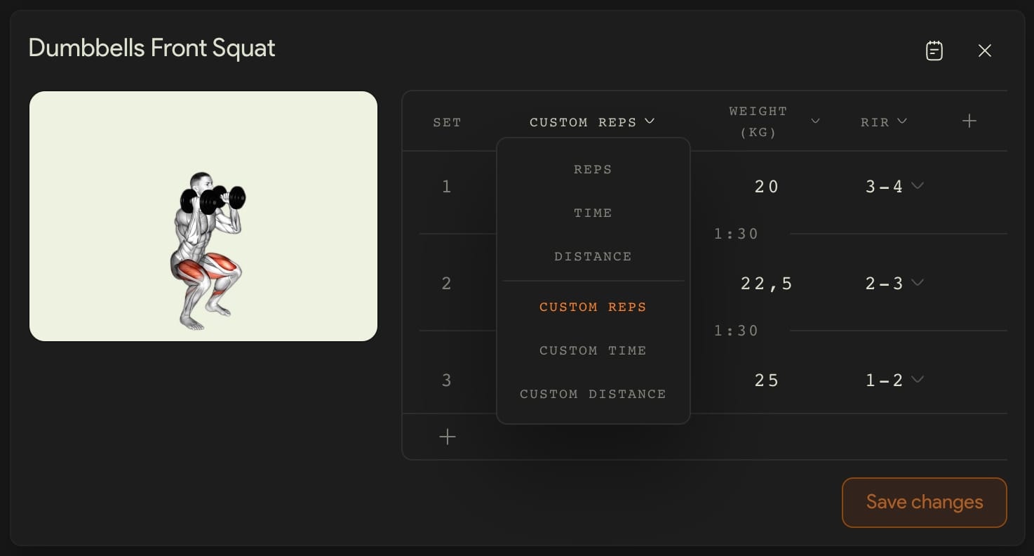 The menu in the sets table header, with reps, time, distance and their custom versions