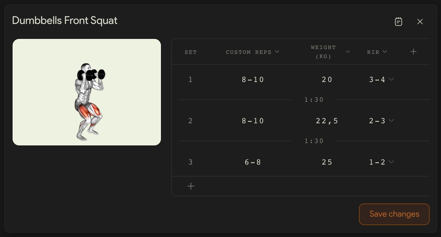An exercise measured with Custom reps: 8-10, 8-10 and 6-8, with its weight and a different RIR on each set