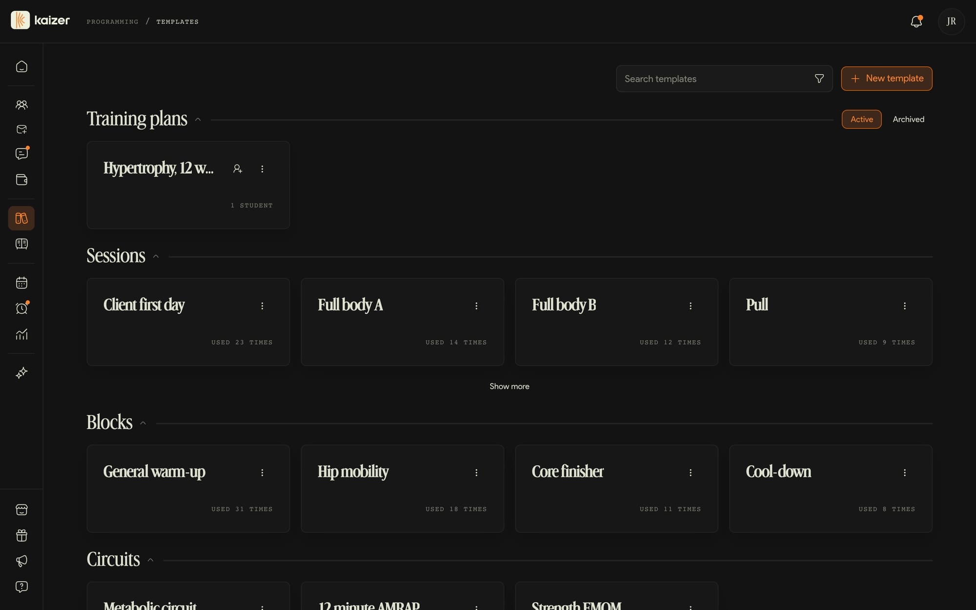 The template library, with saved training plans, sessions, blocks and circuits