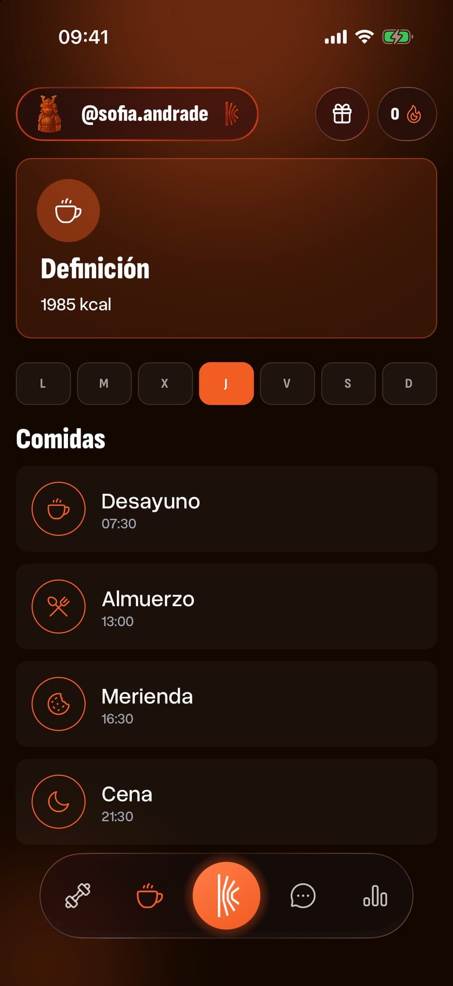 La pestaña Nutrición de la app del alumno, con el plan de la semana y las comidas del jueves