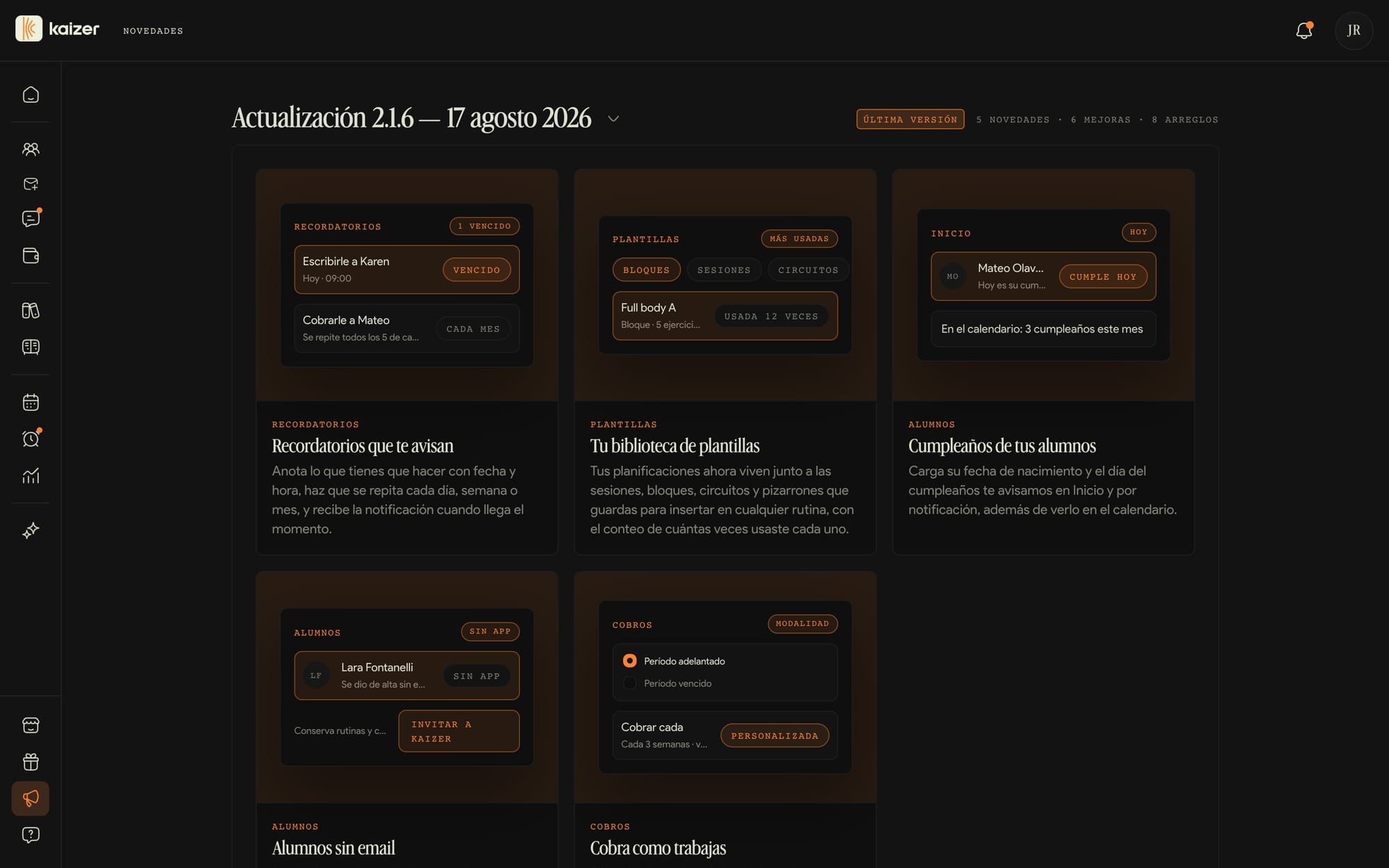 La pantalla de Novedades del dashboard, con los cambios de la última versión