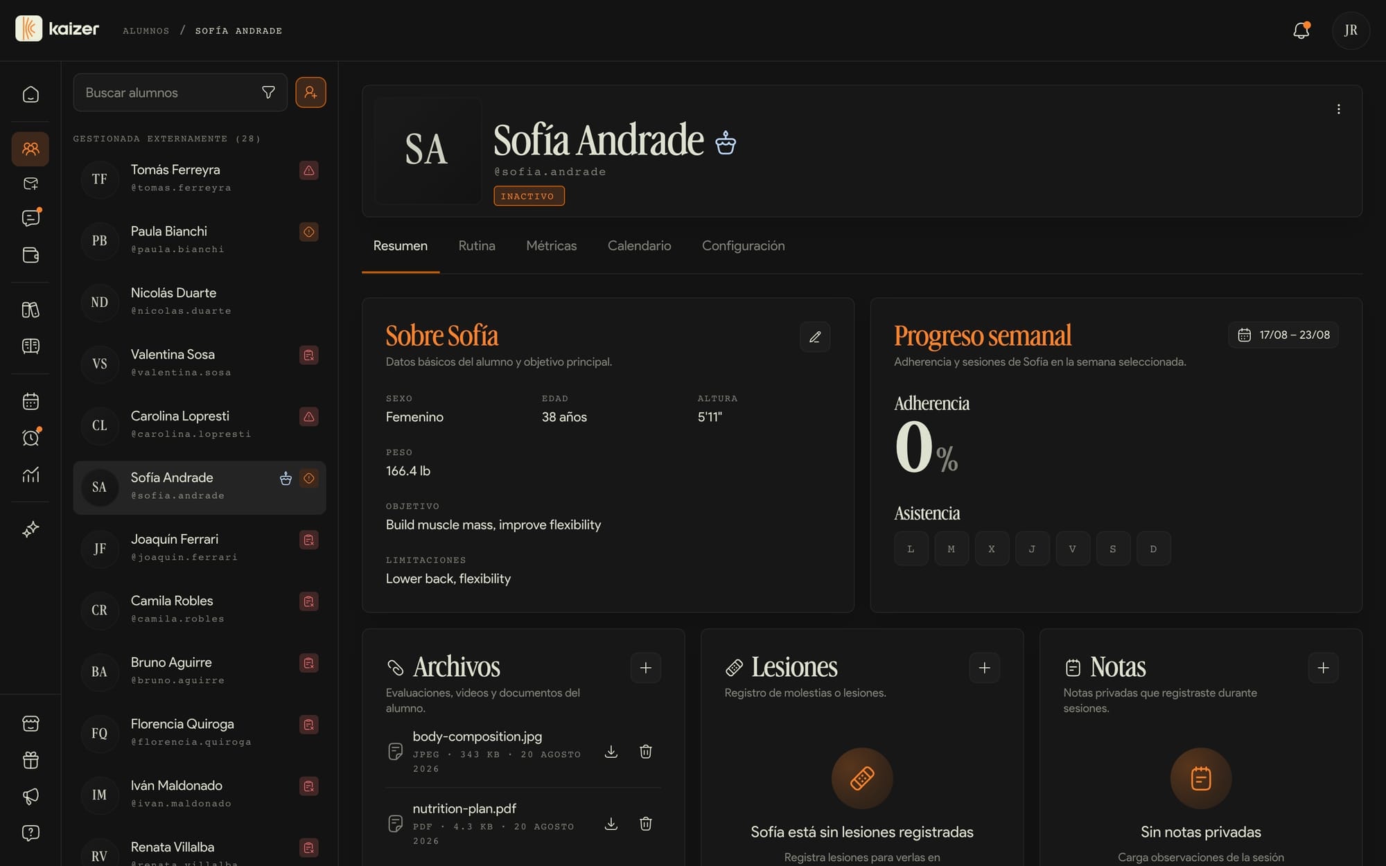 Ficha de un alumno abierta en la pestaña Resumen, con su progreso de la semana