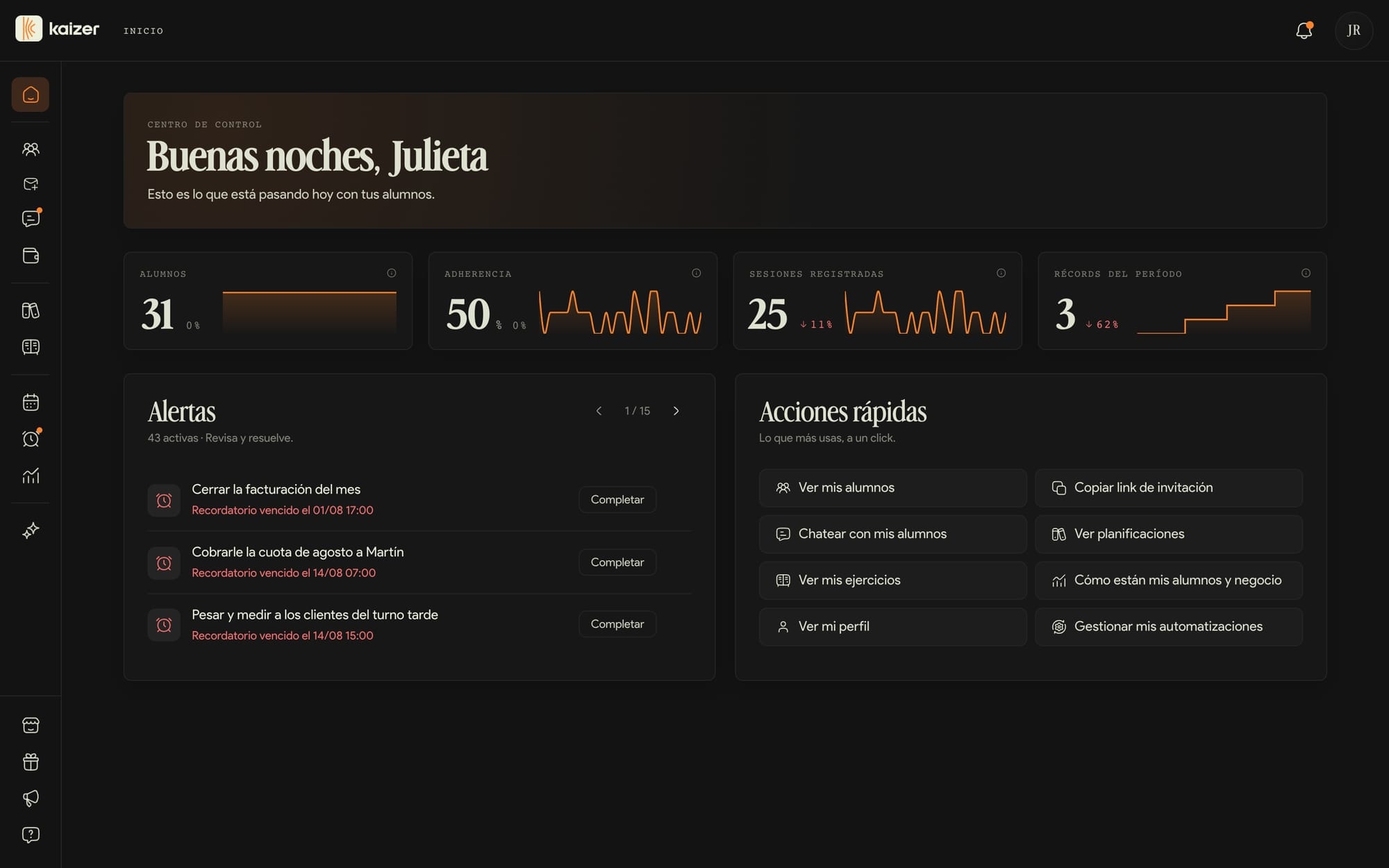 Pantalla de inicio del dashboard de Kaizer con indicadores, alertas y acciones rápidas