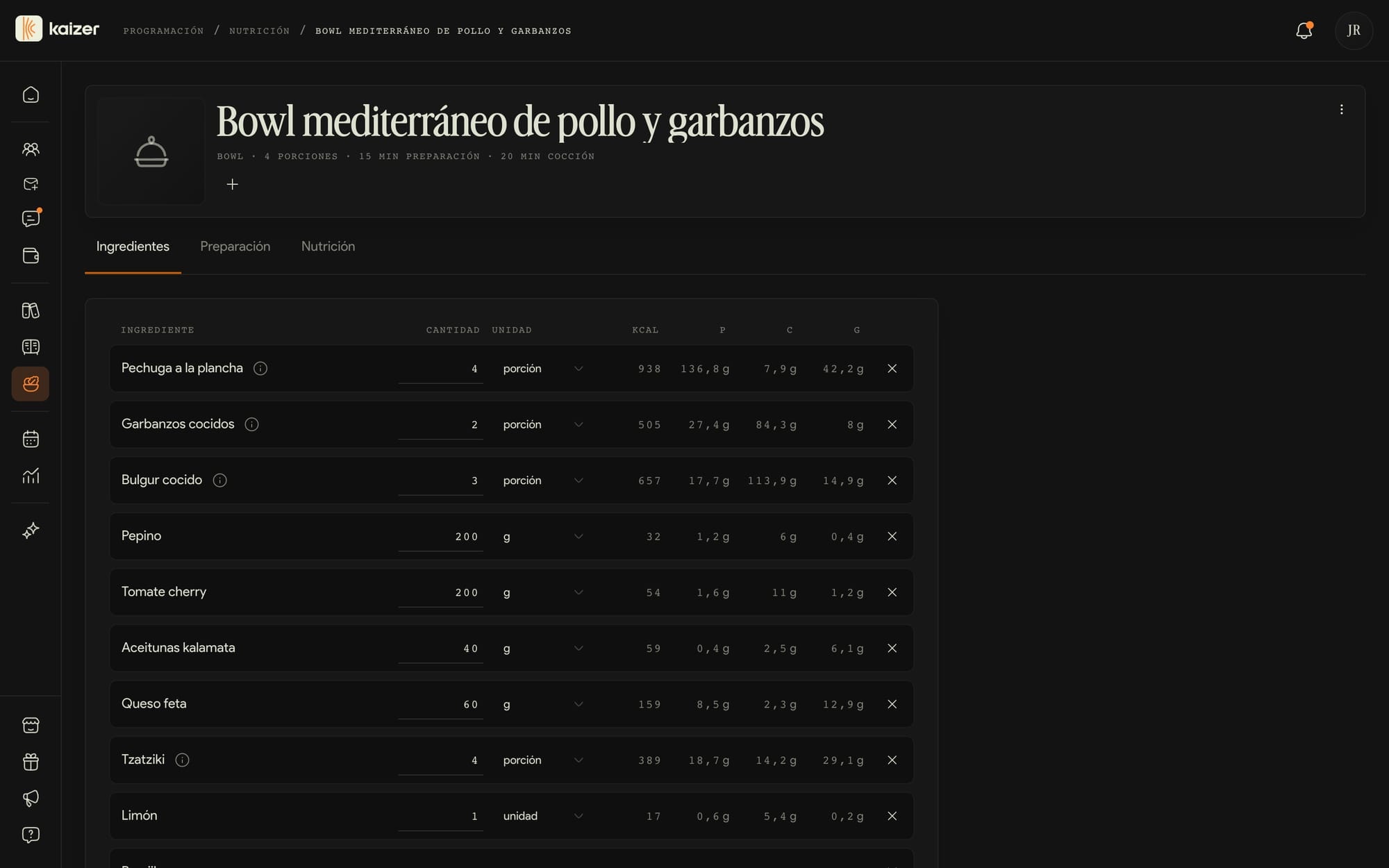 El editor de una receta, con sus ingredientes, las cantidades y lo que aporta cada uno