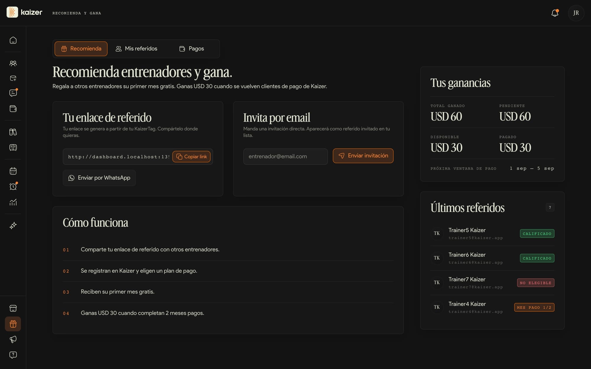 La pantalla de Recomienda y gana, con el link personal y el estado de cada referido