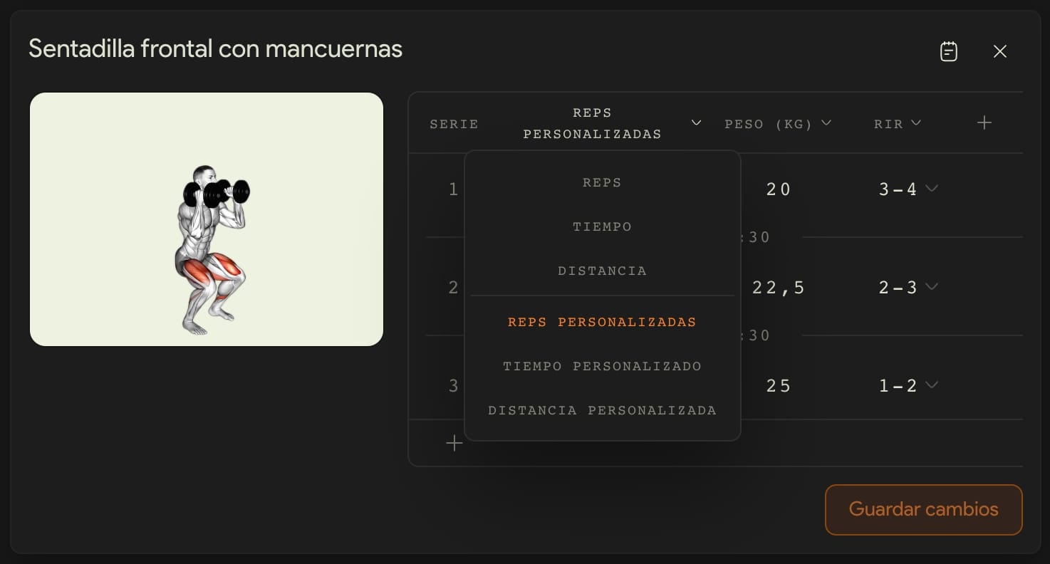 El menú del encabezado de la tabla de series, con repeticiones, tiempo, distancia y sus versiones personalizadas