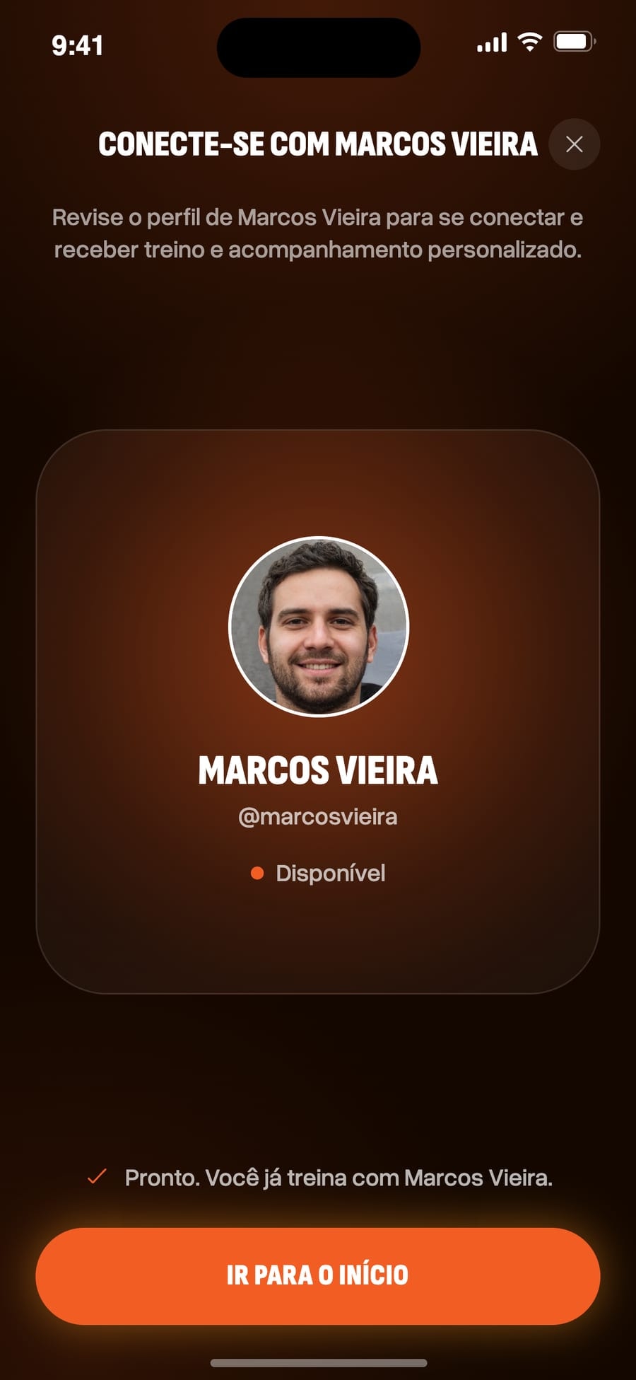 O app do aluno mostrando a tela para se vincular ao treinador