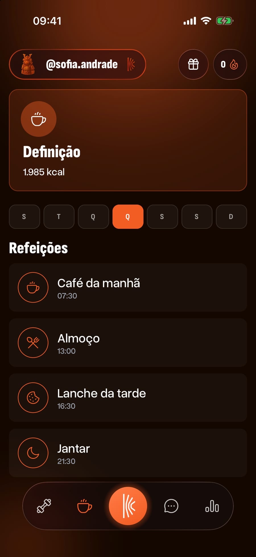 A aba Nutrição do app do aluno, com o plano da semana e as refeições de quinta-feira