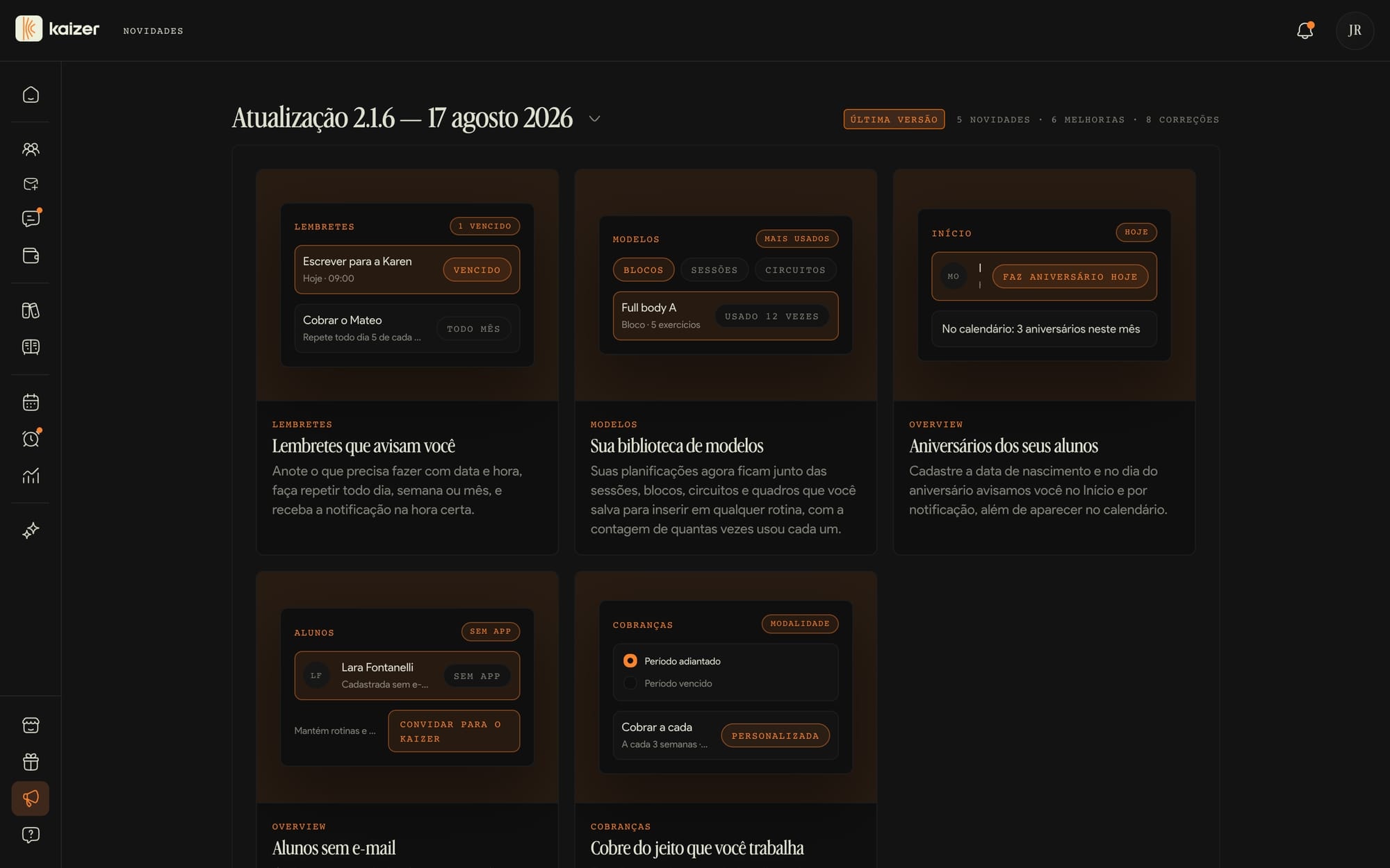 A tela de Novidades do dashboard, com as mudanças da última versão
