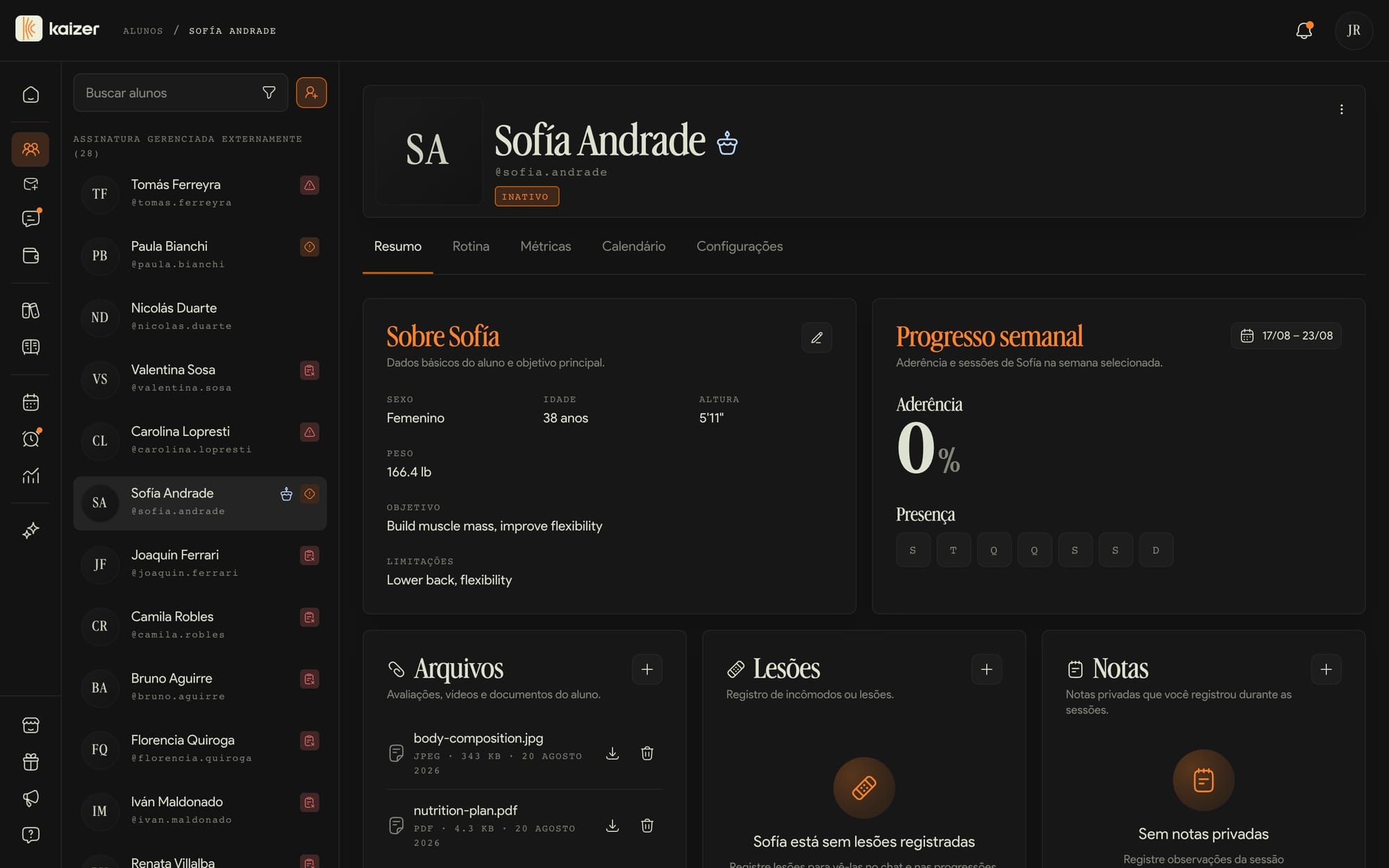 Ficha de um aluno aberta na aba Resumo, com o progresso da semana
