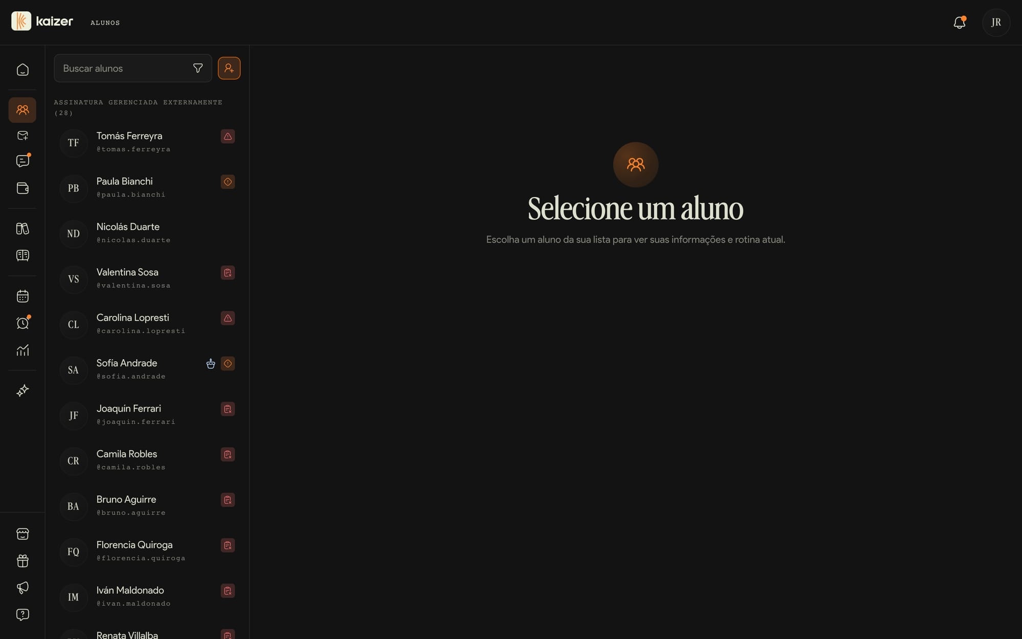 Lista de alunos do dashboard, com busca, filtros e o estado de cada aluno