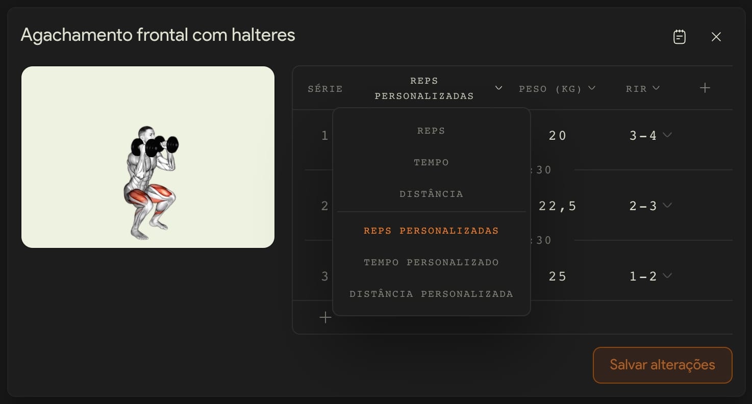 O menu do cabeçalho da tabela de séries, com repetições, tempo, distância e suas versões personalizadas