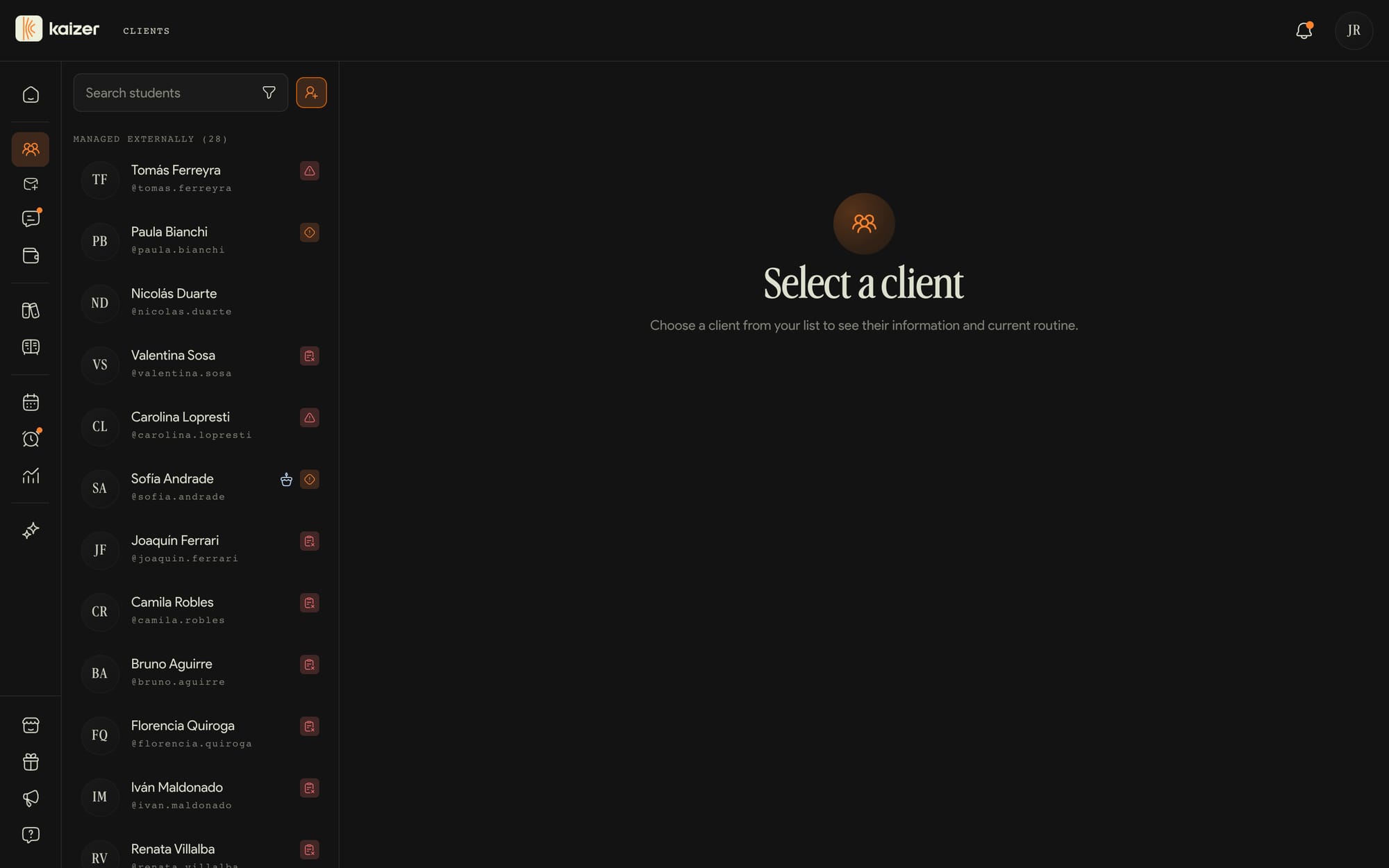 Kaizer client roster with search and add action