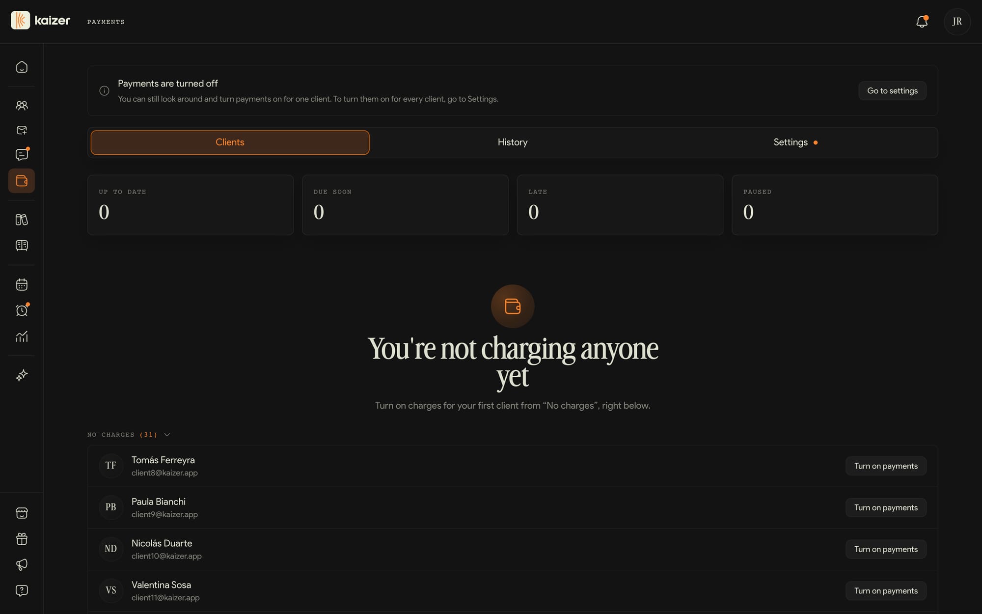 Kaizer client payments dashboard