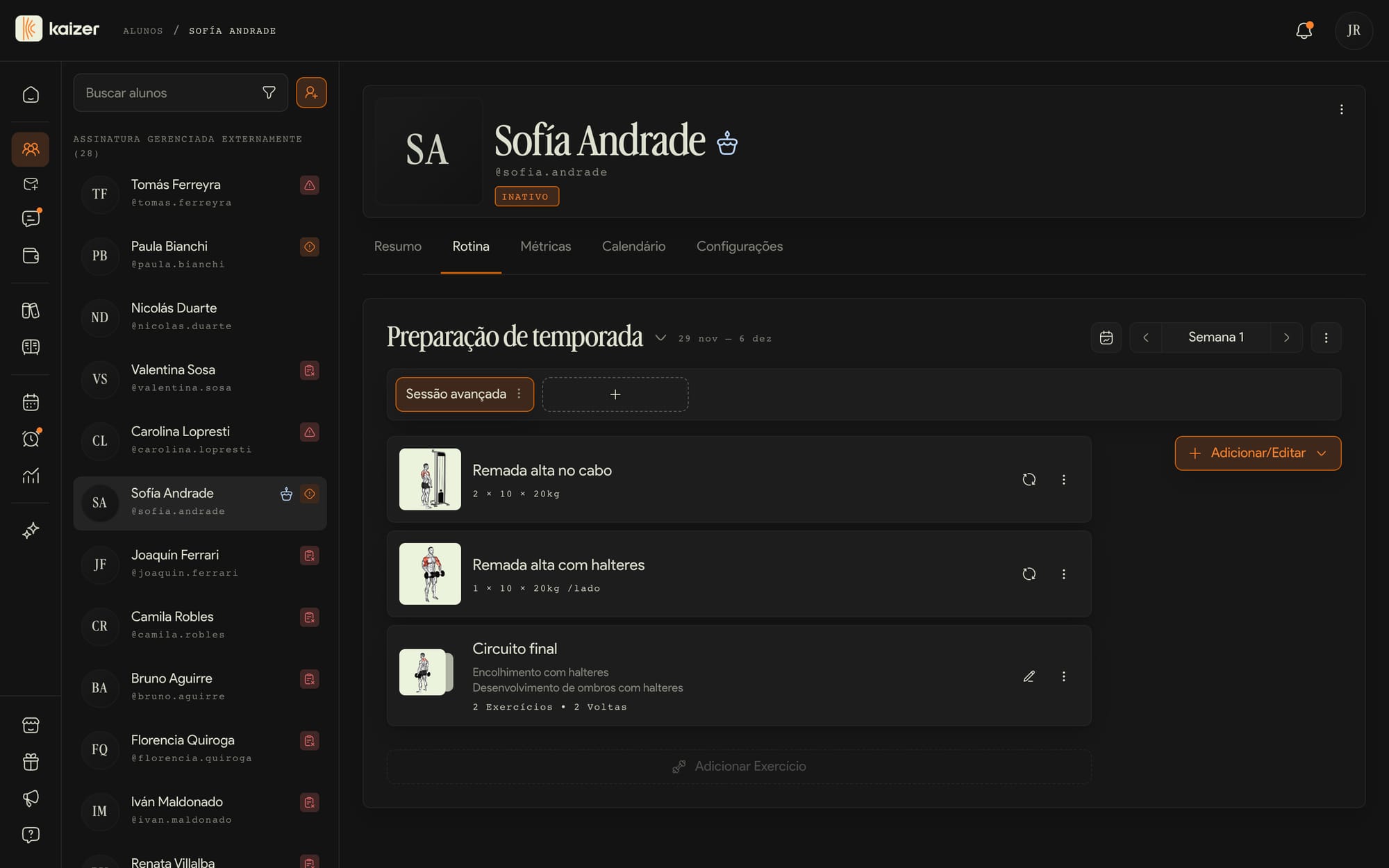 Editor de treinos da Kaizer com semanas, sessões e exercícios